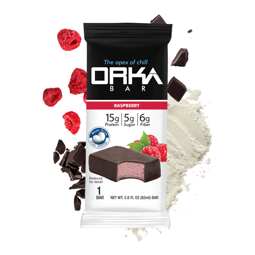 Orka Raspberry protein bar packaging with ingredients on a white background