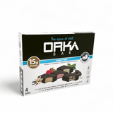 Box of Orka protein bars with various flavors on a white background
