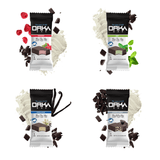 Four Orka protein bar packages with different flavors on a white background.