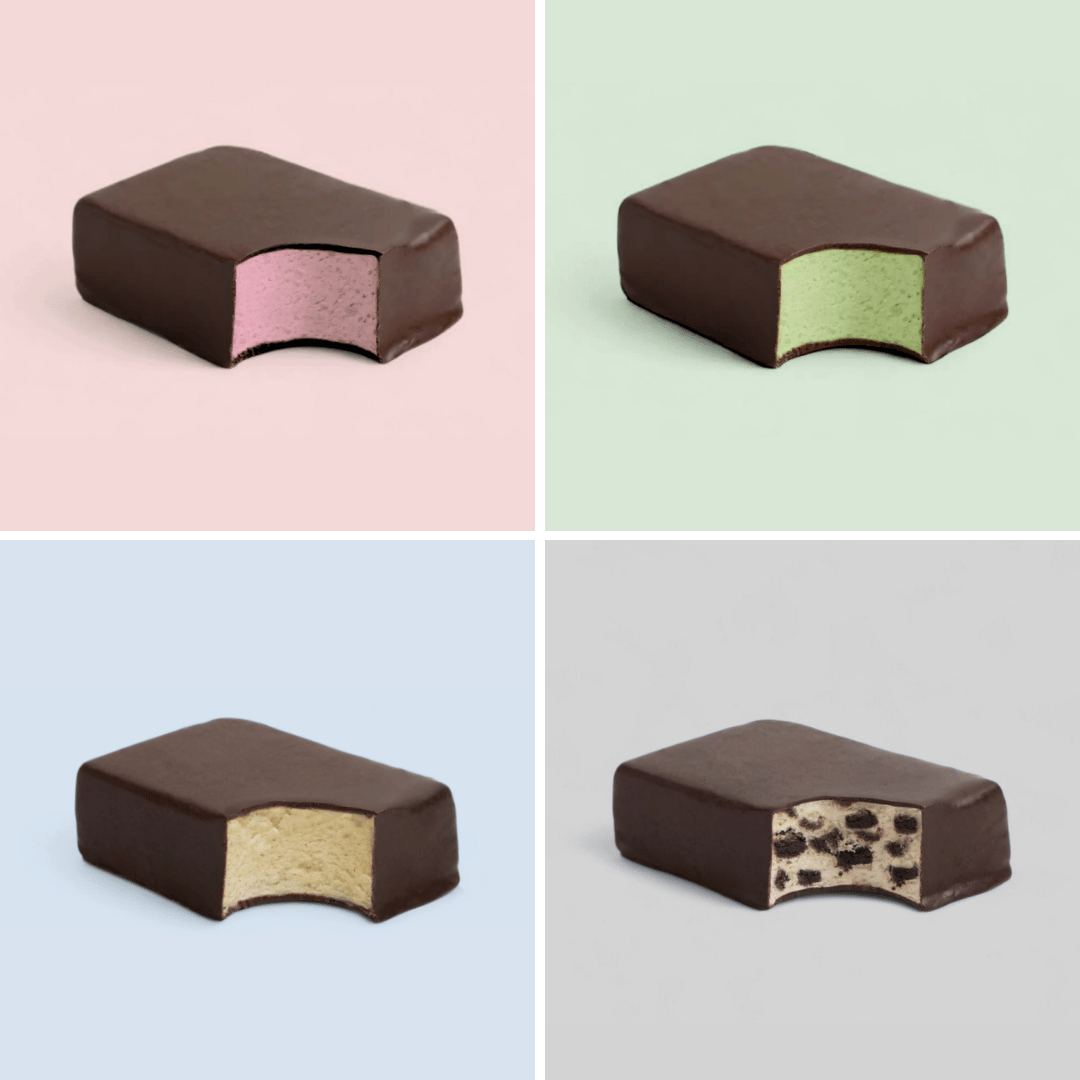 Four different chocolate-covered ice cream protein bars on a grid with pastel backgrounds.