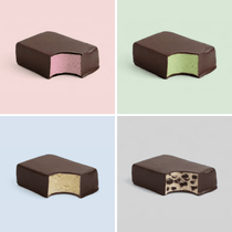 Four different chocolate-covered ice cream protein bars on a grid with pastel backgrounds.